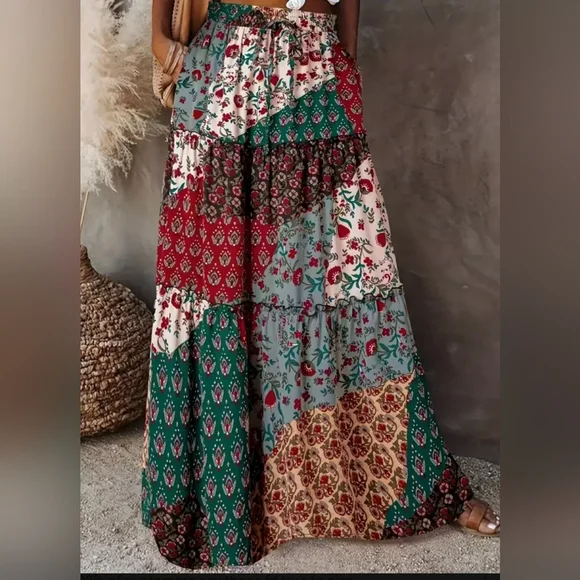 Skirt Maxi Patchwork Print Bohemian Long Pockets Skirts elastic Drawstring waist - Picture 6 of 7